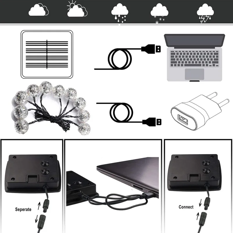 outdoor solar string lights 20 LED ball Christmas lighting