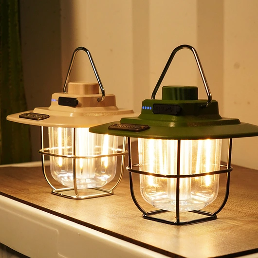 Outdoor Portable ABS +PC +Iron Warm Yellow Light Rechargeable LED Camping Lamps with Handles and USB for Garden Yard