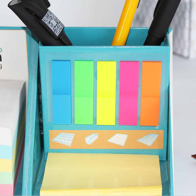 Foldable multi-function sticky note cube memo pad box with pen holder