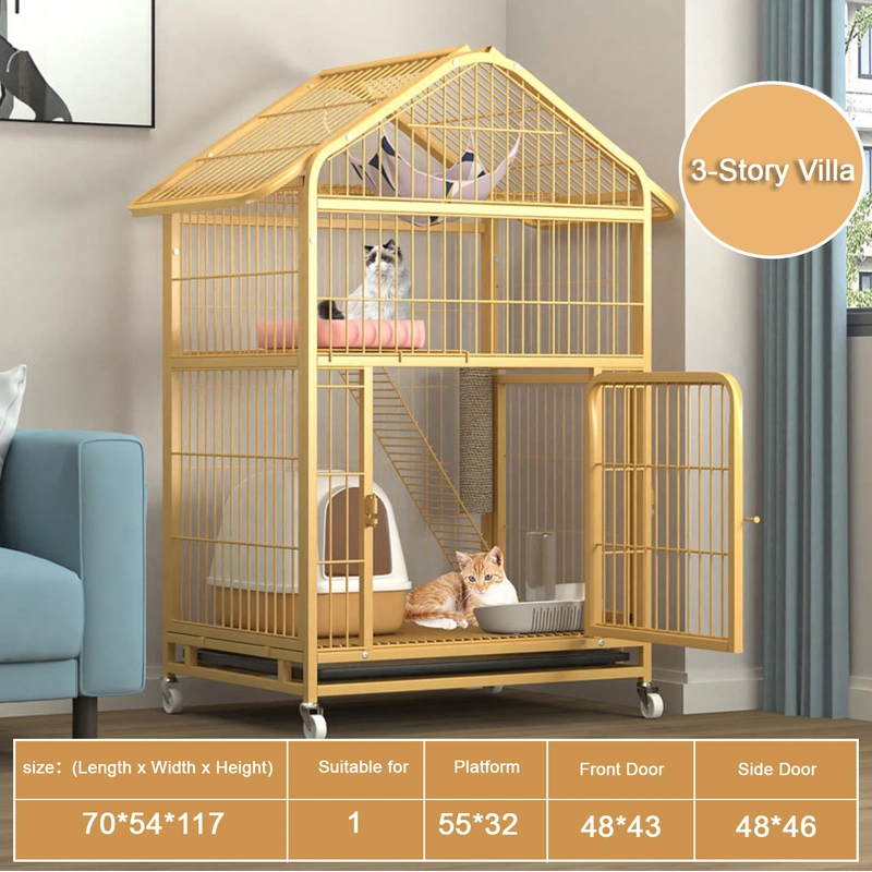 Yellow Multi-Level Iron Cat Cage for Active Cats