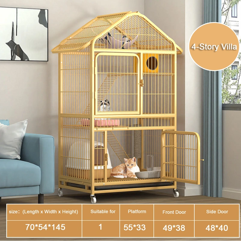 Yellow Multi-Level Iron Cat Cage for Active Cats