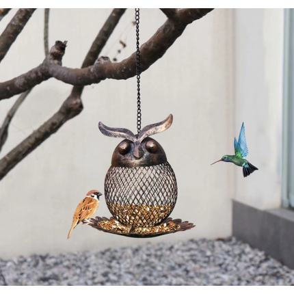 Owl-Shaped Hanging Bird Feeder for Outdoor Use