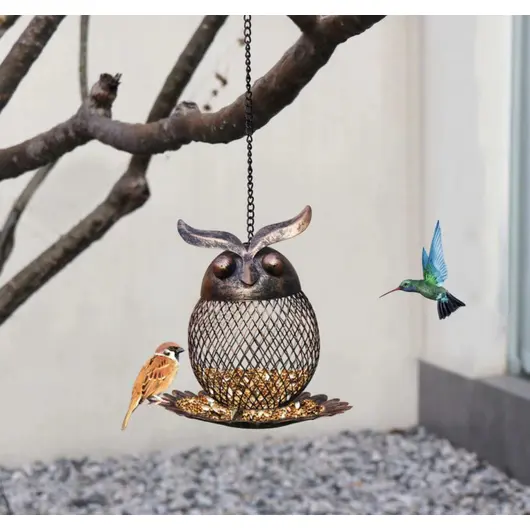 Owl-Shaped Hanging Bird Feeder for Outdoor Use