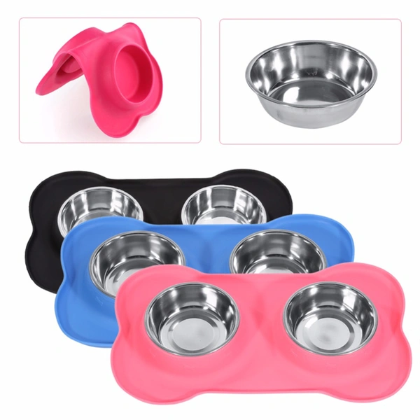 Removable Silicone Double Dog Bowl with Mat