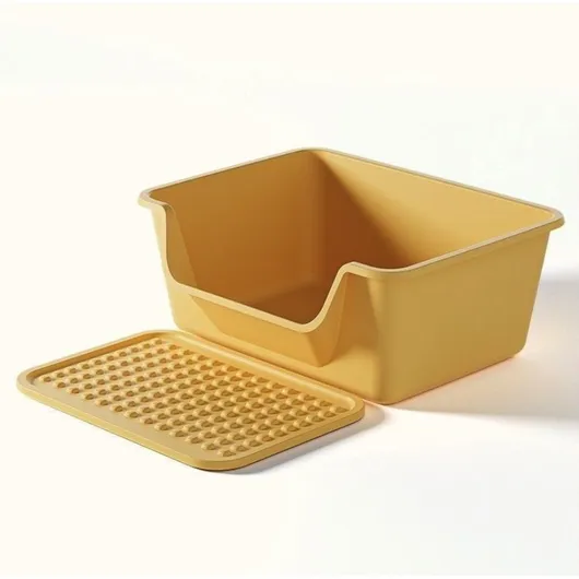 High-Sided Plastic Cat Litter Box with Anti-Tracking Mat – Yellow, Green, Gray