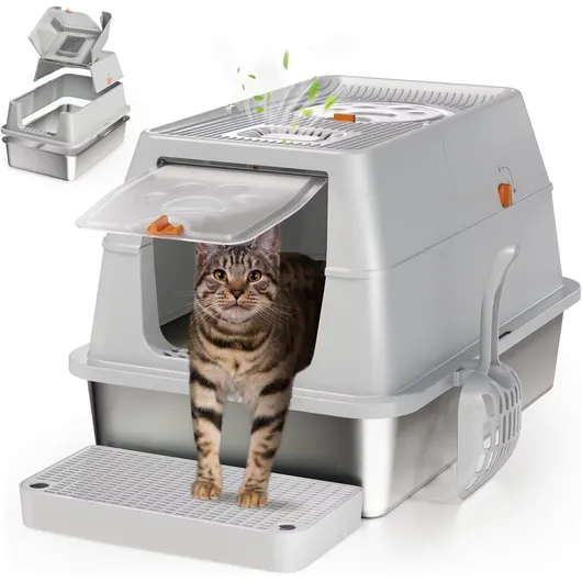 Enclosed Cat Litter Box with Stainless Steel Base – Large Space, Odor-Free, DIY Open Option