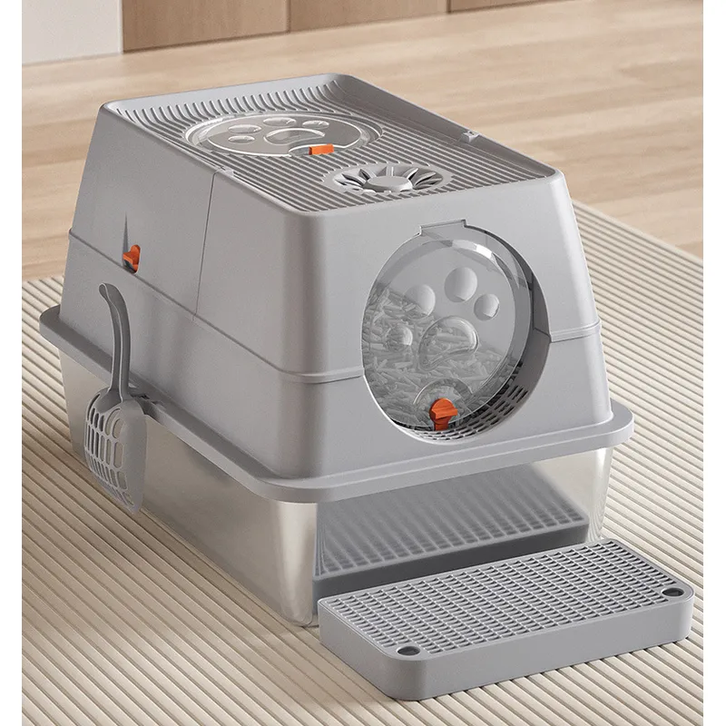 Stainless Steel Bottom Enclosed Cat Litter Box | Customizable Door & DIY Semi-Open Style