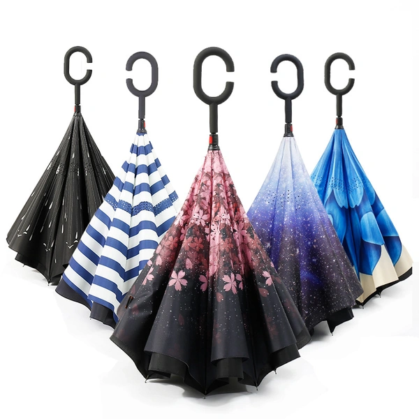 Double Layer Inside Out C Shape Handle Inverted Reverse Umbrella