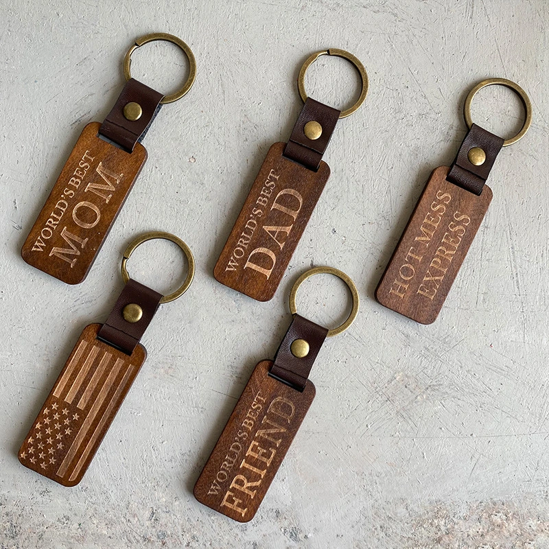 Custom Laser Engrave Logo Blank Wooden Keychain Wood Key Holder Promotional Gifts