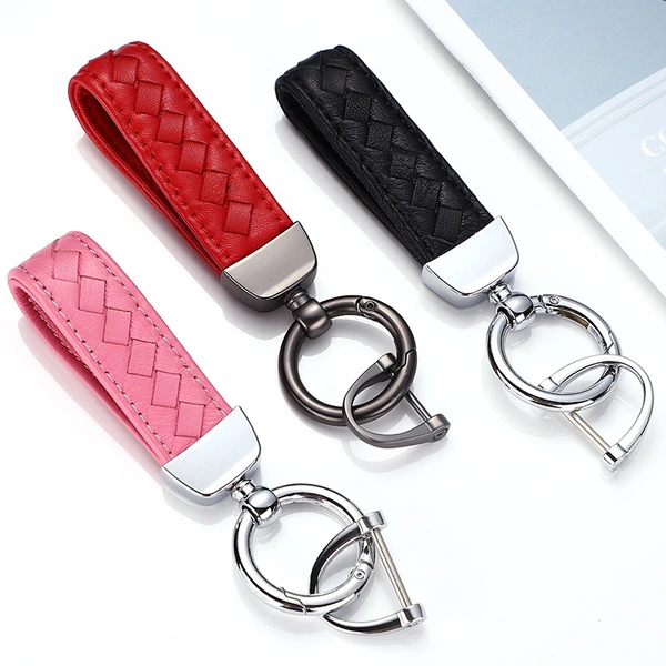Promotional Solid Handmade Braid Leather Keychain with Keyring
