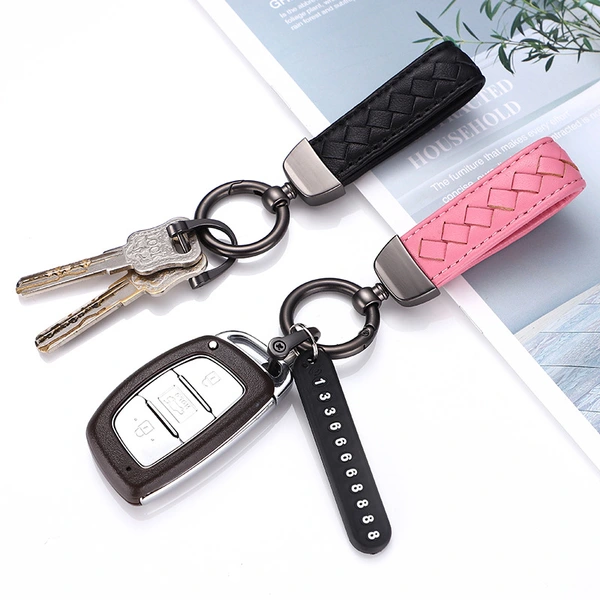 Promotional Solid Handmade Braid Leather Keychain with Keyring
