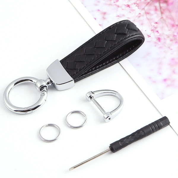 Promotional Solid Handmade Braid Leather Keychain with Keyring