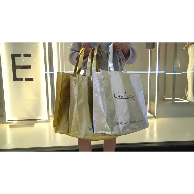 Custom Print Gold Metallic Non Woven Shopping Bag Reusable Tote Bags