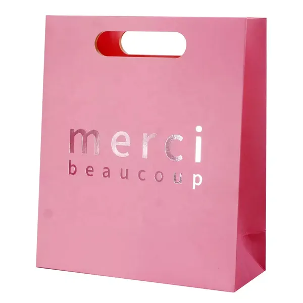 Custom Print Promotional Die Cut Handle Pink Paper Shopping Bag