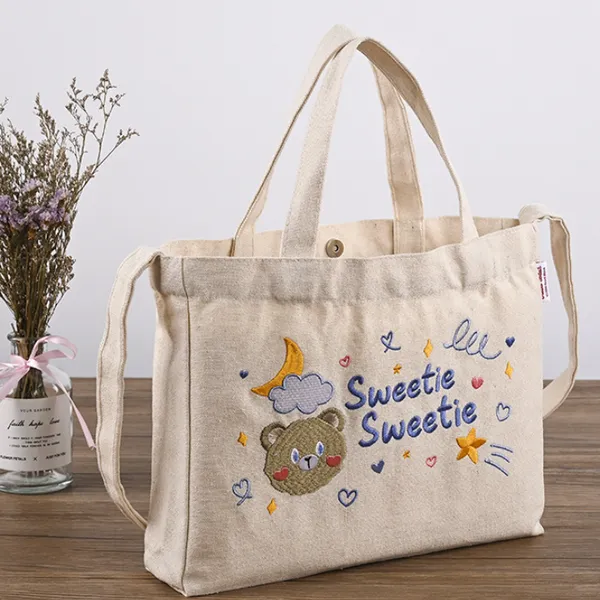  Embroidered Canvas Tote Bag with Pockets Women Casual Handbags