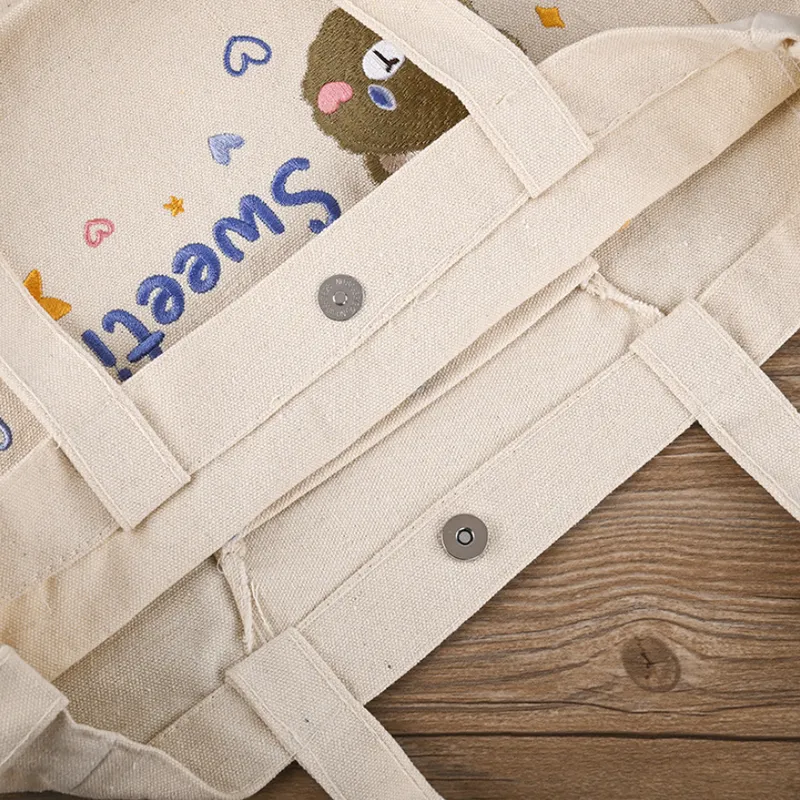  Embroidered Canvas Tote Bag with Pockets Women Casual Handbags