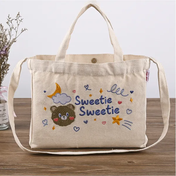  Embroidered Canvas Tote Bag with Pockets Women Casual Handbags