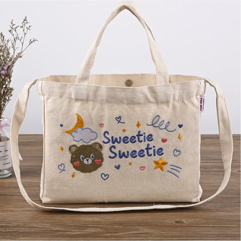  Embroidered Canvas Tote Bag with Pockets Women Casual Handbags