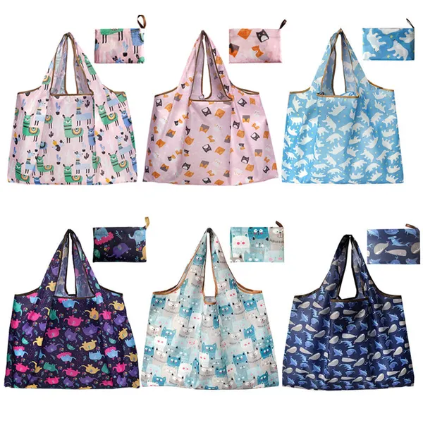 Reusable Folding Tote Bag 210D Polyester Foldable Grocery Shopping Bag