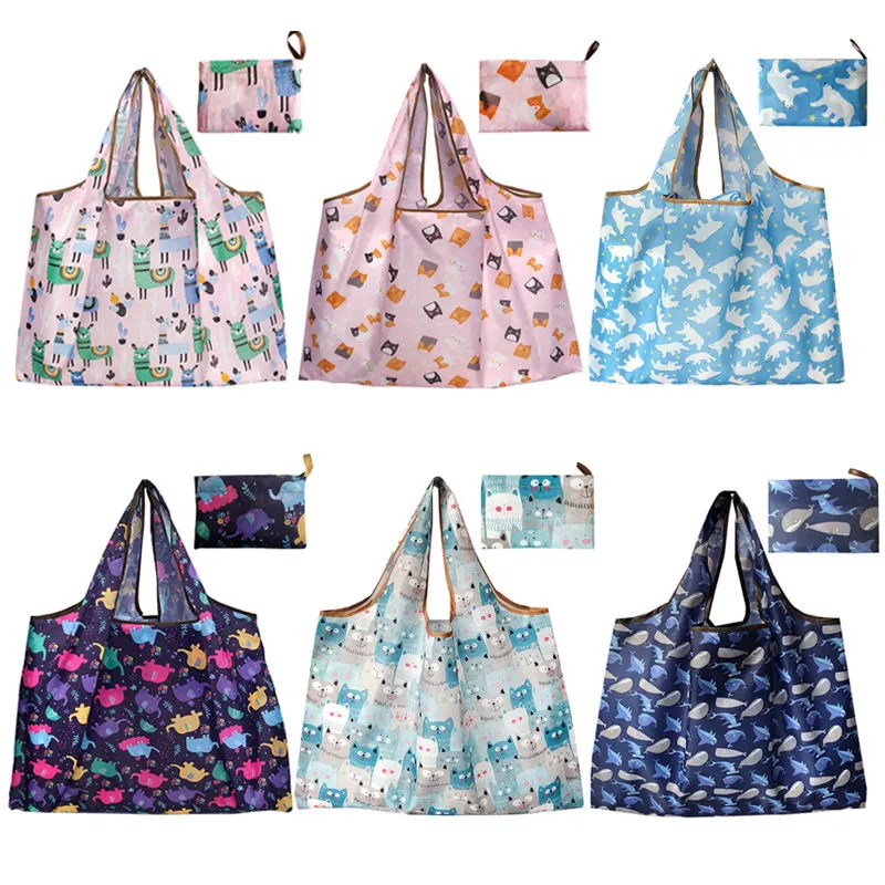 Reusable Folding Tote Bag 210D Polyester Foldable Grocery Shopping Bag