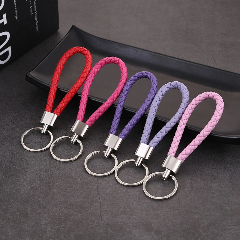 Promotional Braid PU Leather Rope Keychain with Ring