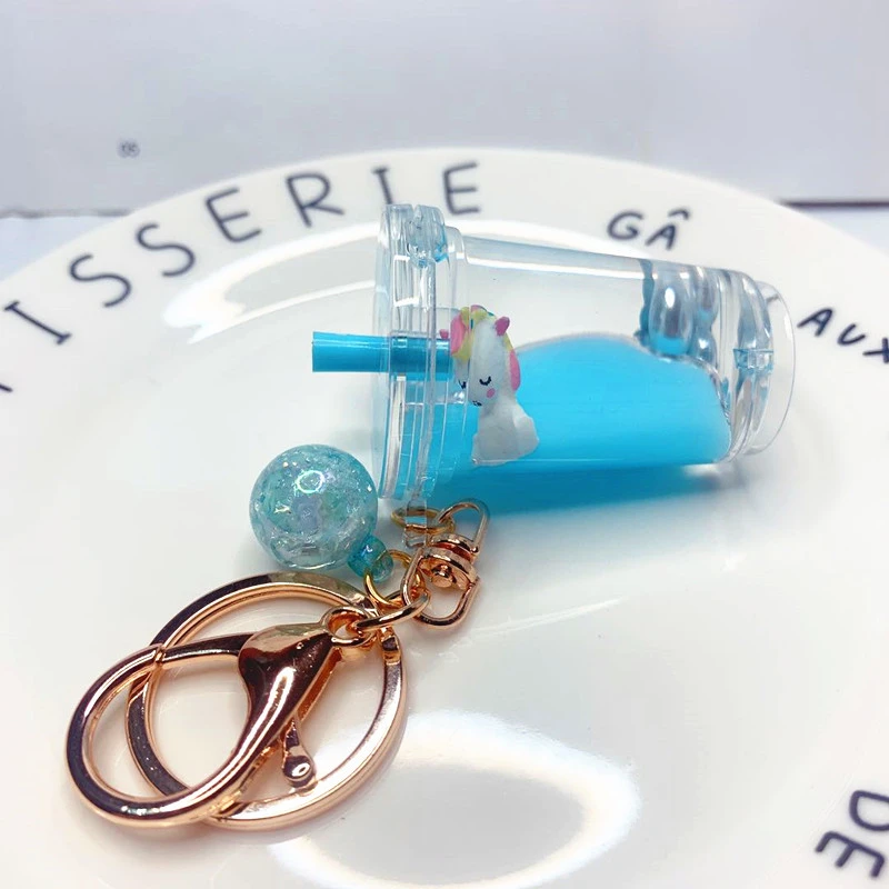 3D Milk Tea Filled Liquid Oil Quicksand Floating Acrylic Key Chain