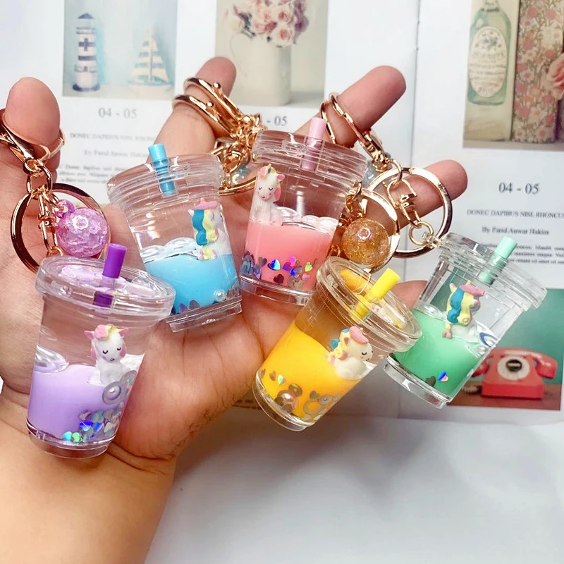3D Milk Tea Filled Liquid Oil Quicksand Floating Acrylic Key Chain