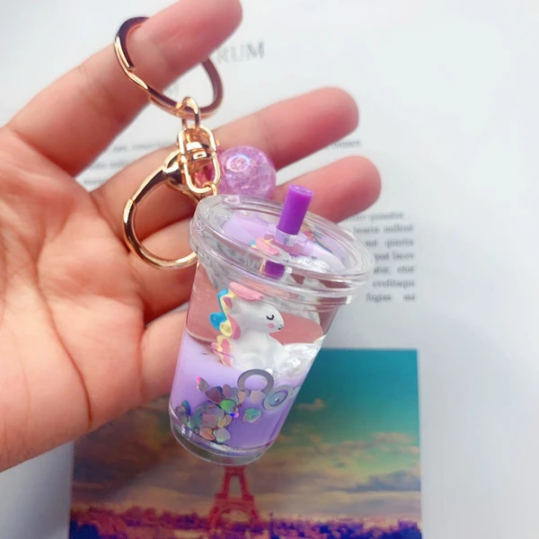 3D Milk Tea Filled Liquid Oil Quicksand Floating Acrylic Key Chain