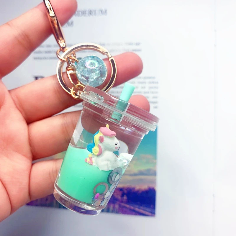 3D Milk Tea Filled Liquid Oil Quicksand Floating Acrylic Key Chain
