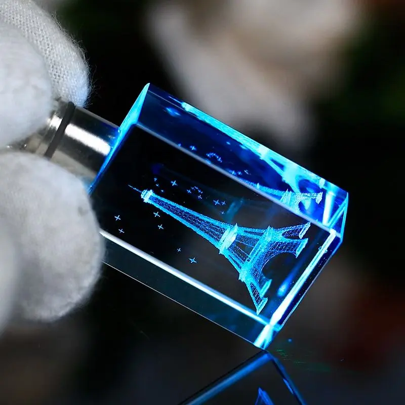 Customized LED Lighting Engraving Crystal Glass Promotional Keychain