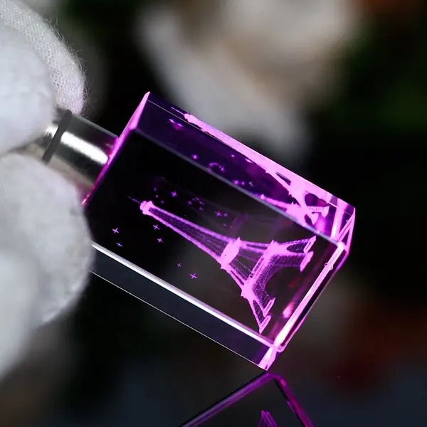 Customized LED Lighting Engraving Crystal Glass Promotional Keychain