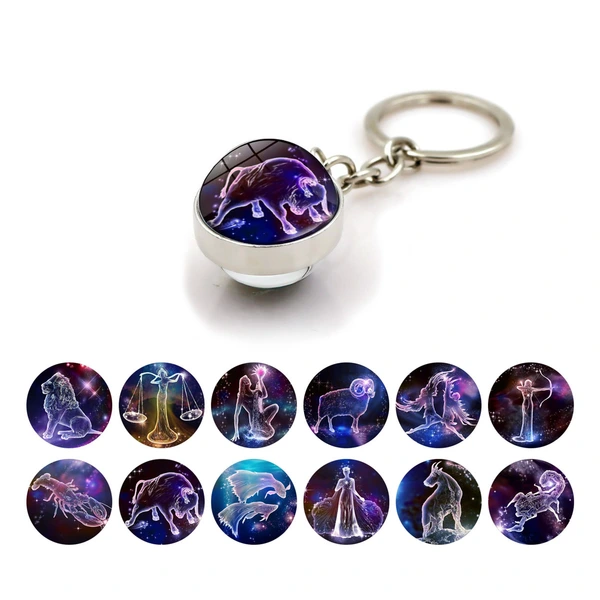 12 Constellation Time Gem Double Side Crystal Glass Ball Key Chain