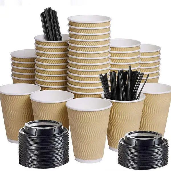 Ripple Double Wall Disposable Office Paper Coffee Cup with Lids