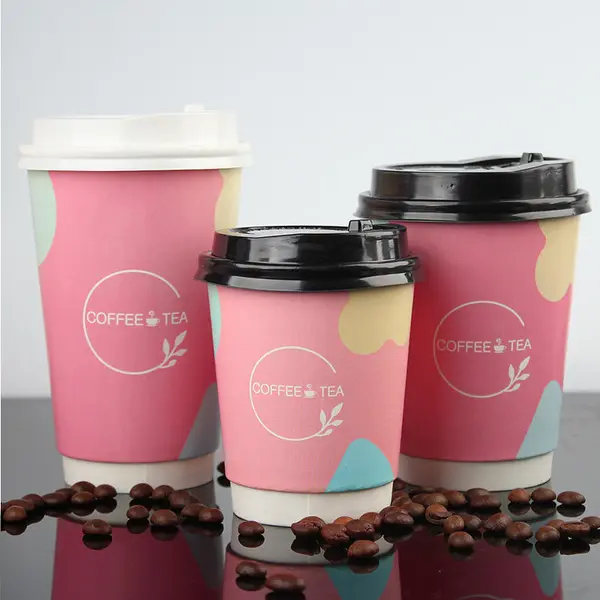 Custom Printed Eco Disposable Double Wall Paper Coffee Cups with Lid