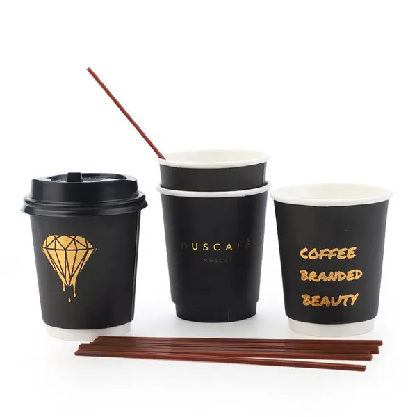 Custom Printed Eco Disposable Double Wall Paper Coffee Cups with Lid