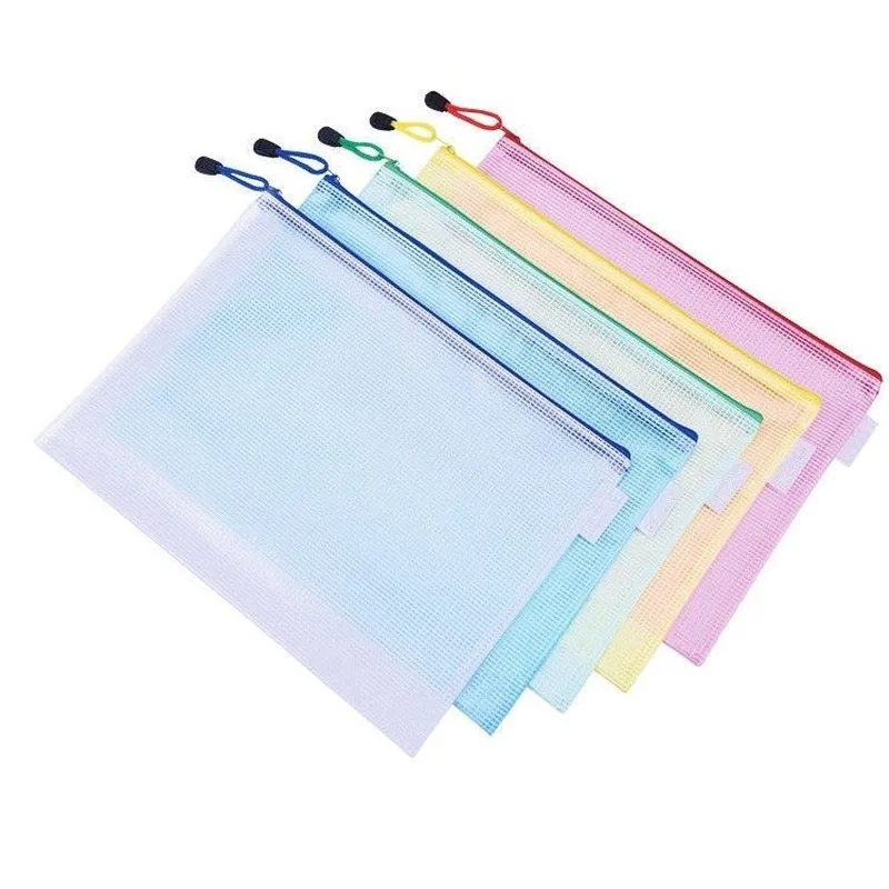 Thicken PVC Grid Zipper Bag School Office Waterproof Stationery Bag