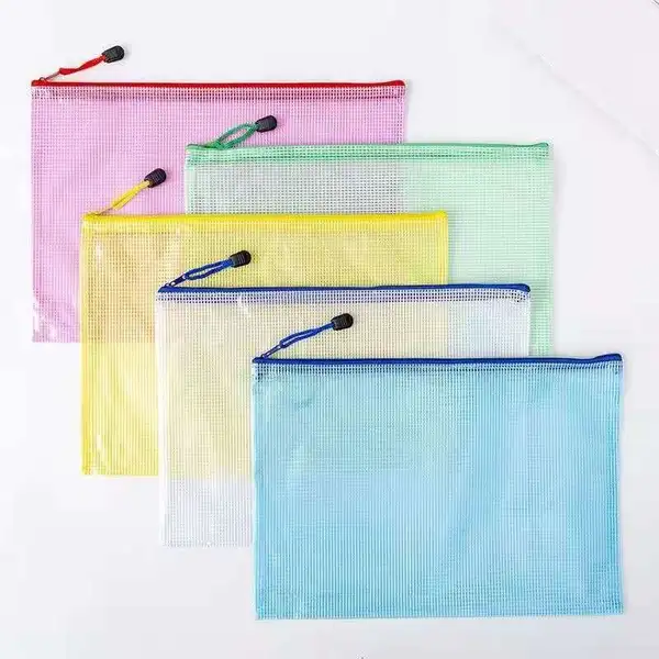 Thicken PVC Grid Zipper Bag School Office Waterproof Stationery Bag