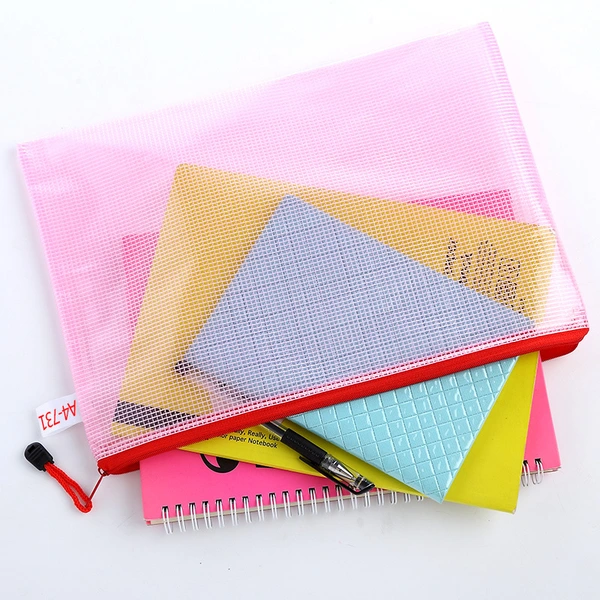 Thicken PVC Grid Zipper Bag School Office Waterproof Stationery Bag