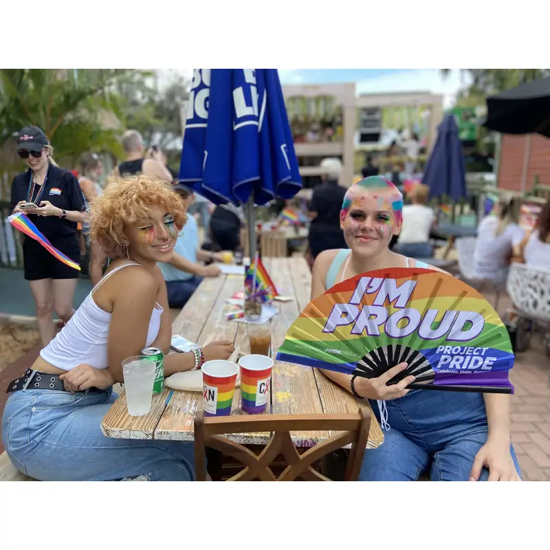 Custom Logo Printing Polyester Satin Bamboo Fan Rainbow Gay Pride Fan