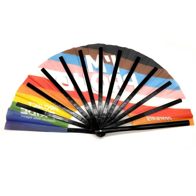 Custom Logo Printing Polyester Satin Bamboo Fan Rainbow Gay Pride Fan