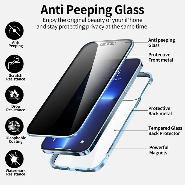 Anti Peeping Magnetic Double Sided Glass Protector Metal Bumper Case