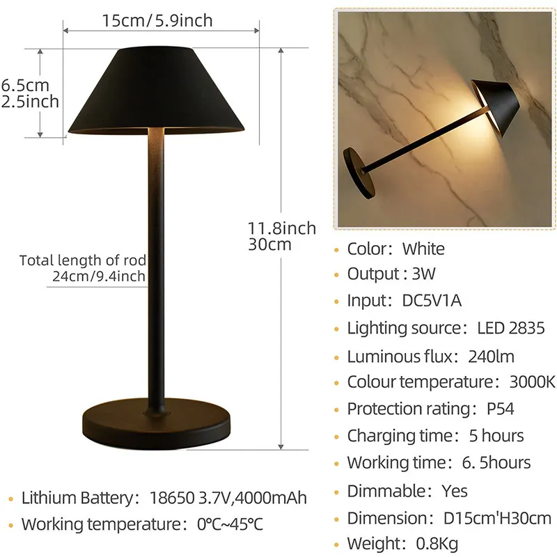 Lámparas de mesa inalámbricas led con batería recargable usb de aluminio de 4000mah