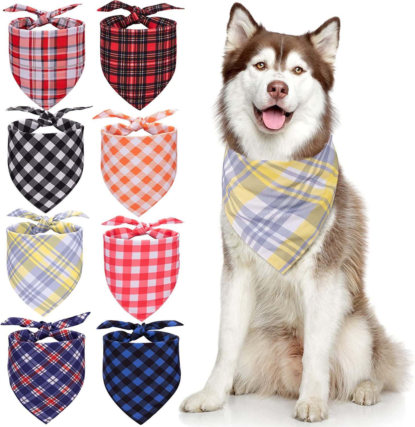 Adjustable Plaid Dog Bandanas Handkerchiefs Triangle Bibs for Puppy Small Medium Large Dogs, 8 Pack