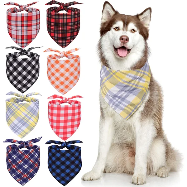 Adjustable Plaid Dog Bandanas Handkerchiefs Triangle Bibs for Puppy Small Medium Large Dogs, 8 Pack