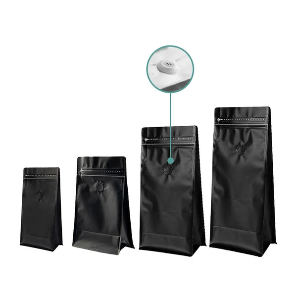 Flat bottom coffee bag with tap zipper air valve