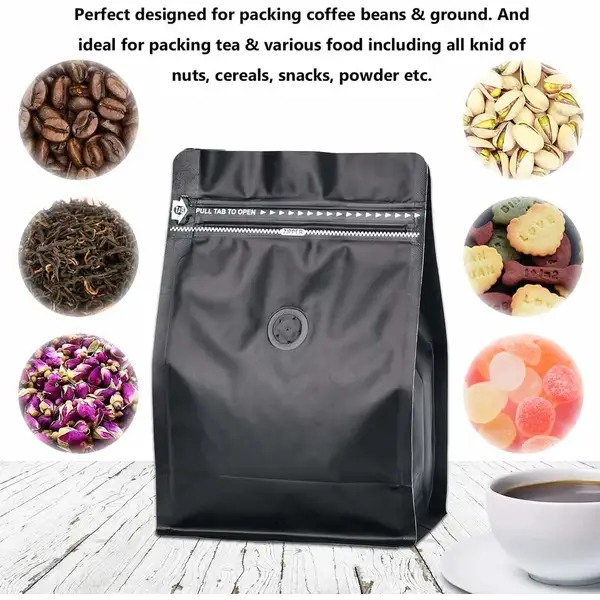 Flat bottom coffee bag with tap zipper air valve