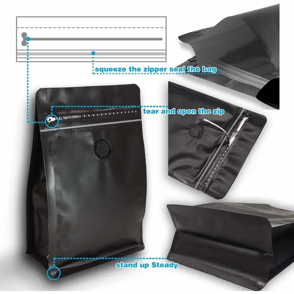 Flat bottom coffee bag with tap zipper air valve