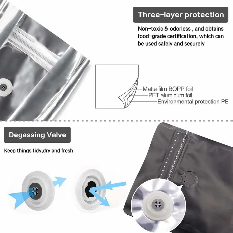 Flat bottom coffee bag with tap zipper air valve