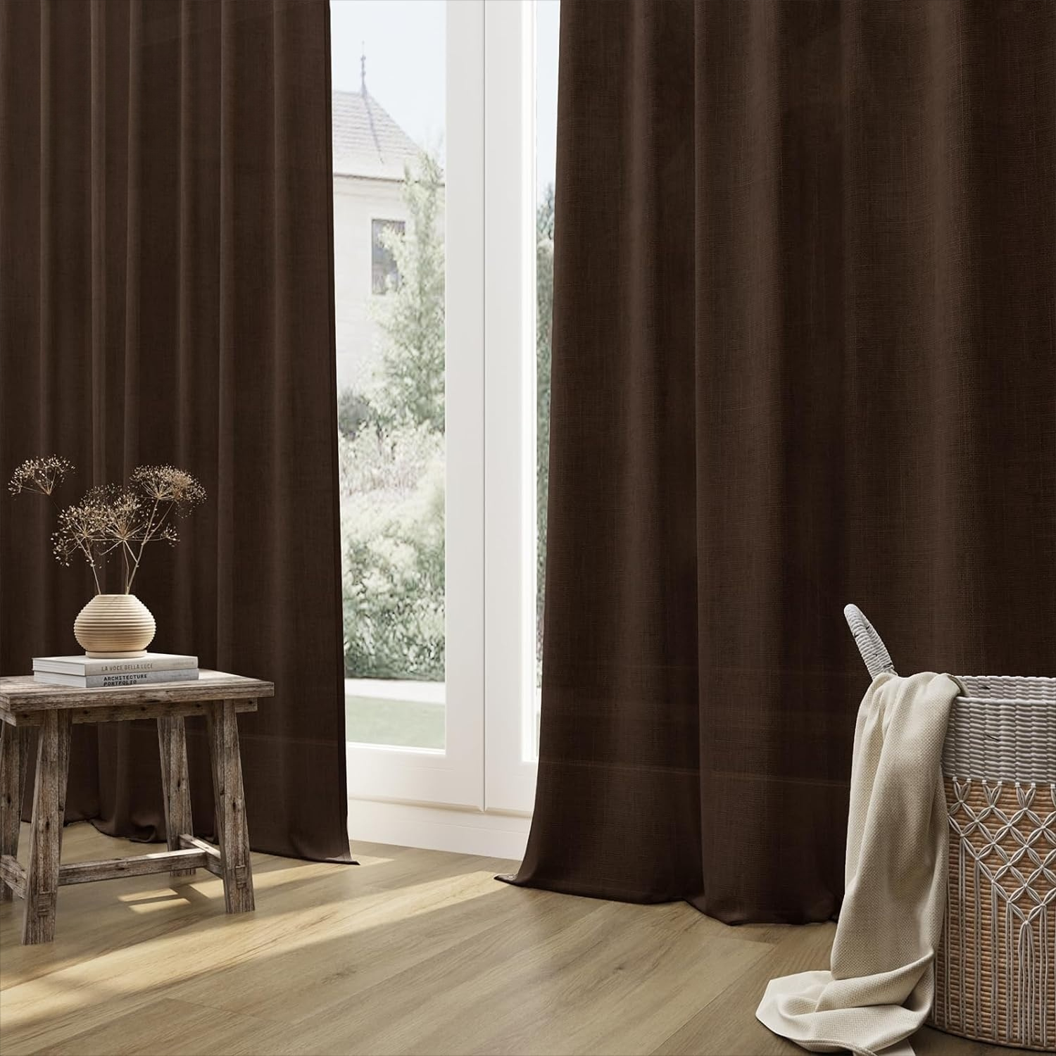 Extra Long Brown Linen Curtains for Living Room