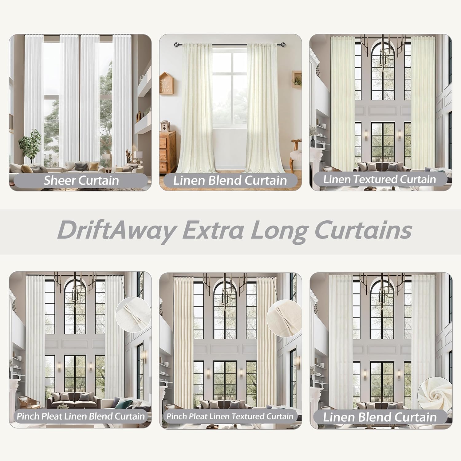 Beige Pinch Pleat Linen Textured Semi-Sheer Curtains for High Ceilings